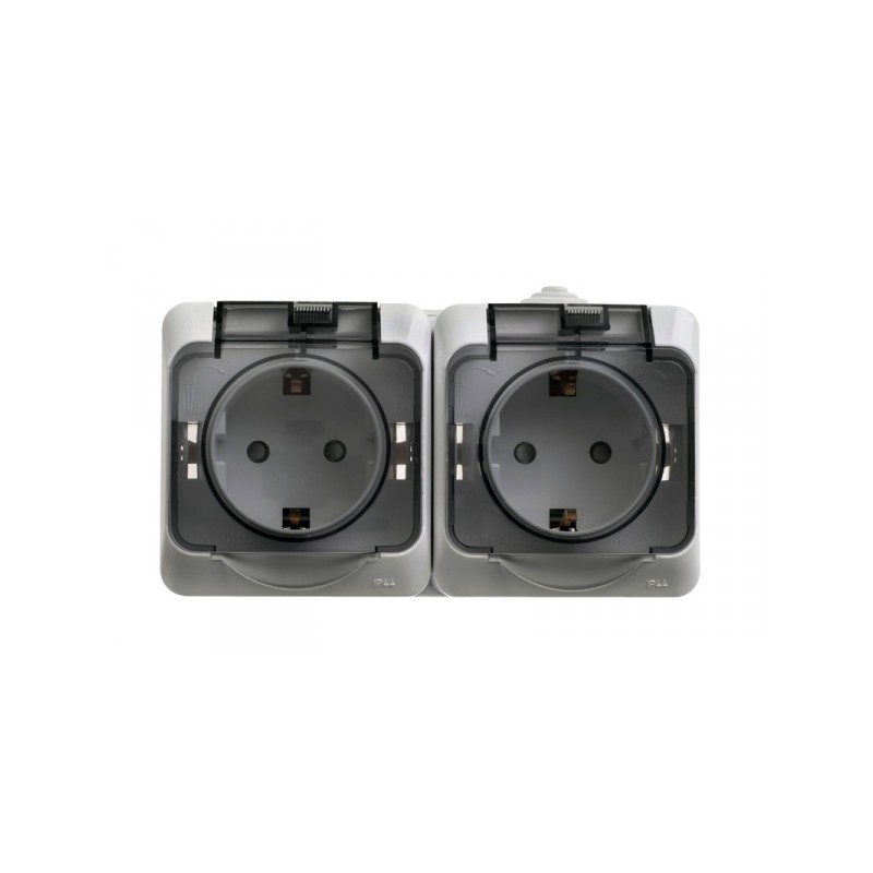 ЭТЮД Розетка двойная наружная с заземлением со шторками IP44 серая