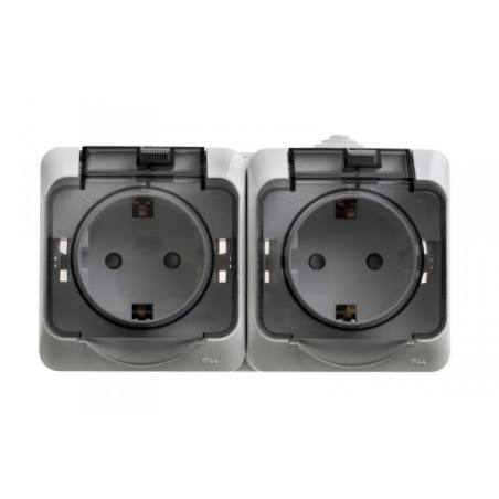 ЭТЮД Розетка двойная наружная с заземлением со шторками IP44 серая