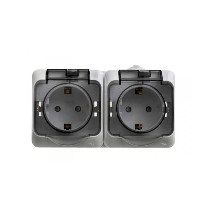 ЭТЮД Розетка двойная наружная с заземлением со шторками IP44 серая