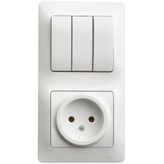 Блок: розетка + выключатель трехклавишный белый