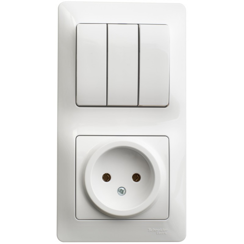 Блок: розетка + выключатель трехклавишный белый