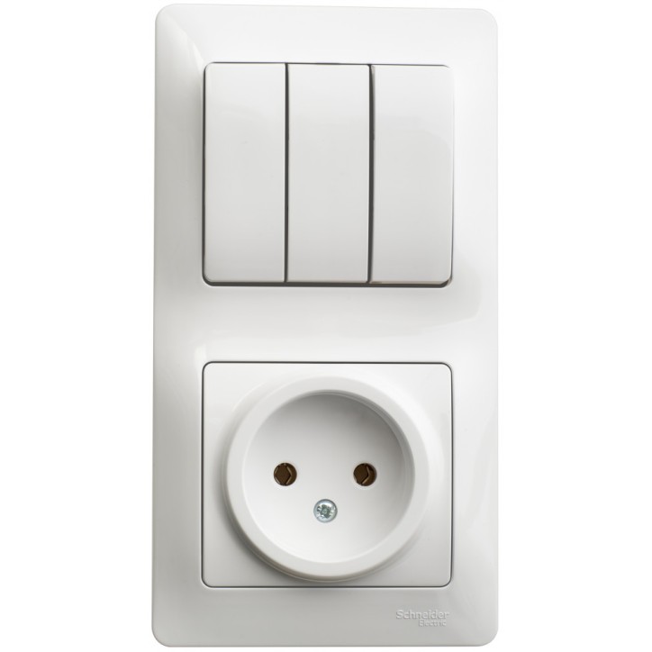 Блок: розетка + выключатель трехклавишный белый