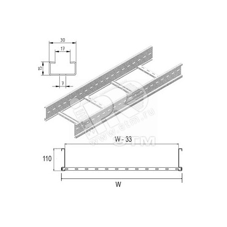 Кабельный лоток лестничного типа серии LIGHT, высота - 110 мм, ширина - 300 мм, длина - 6000 мм, кратность - 6м, SZ - Оцинкованн