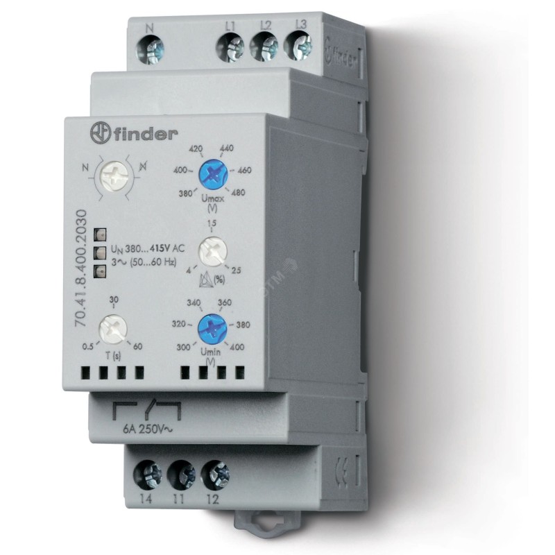 Реле контрольное для 3-фазных сетей, пониженное/повышенное напряжение, обрыв/чередование/асимметрия фаз, контроль нейтрали, наст