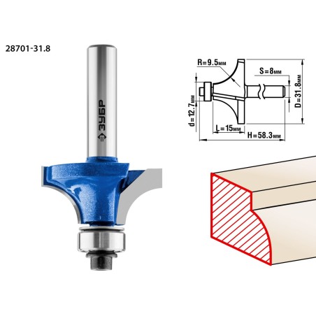 Кромочная калевочная фреза Профессионал №1, 31.8x15 мм, радиус 9.5 мм